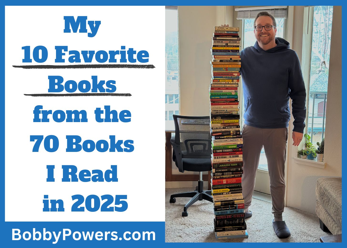 Me with the books I read in 2025 (minus audiobooks)